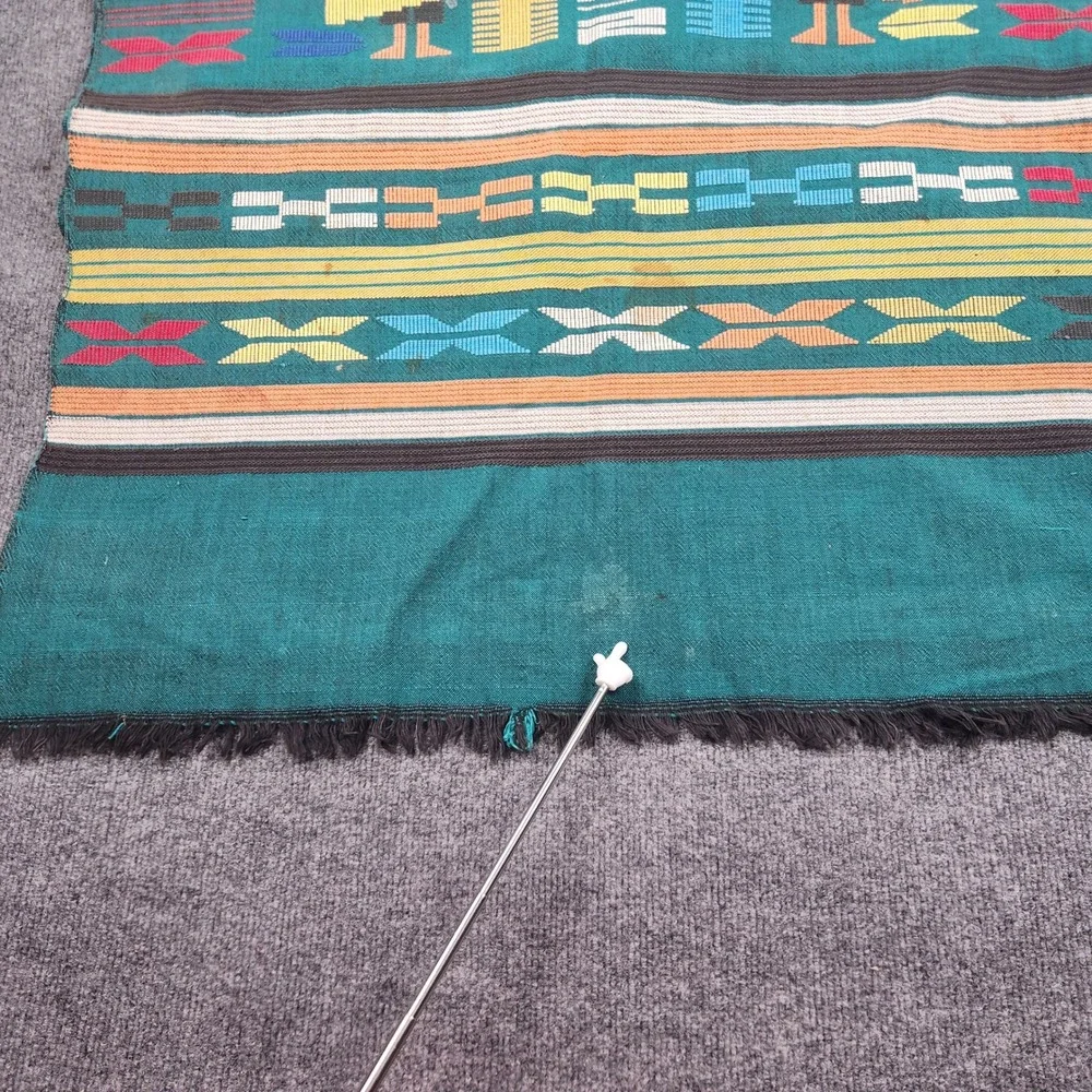 Vintage Handwoven Guatemalan Tapestry Teal Mayan Folk Art Bird Textile 60x30